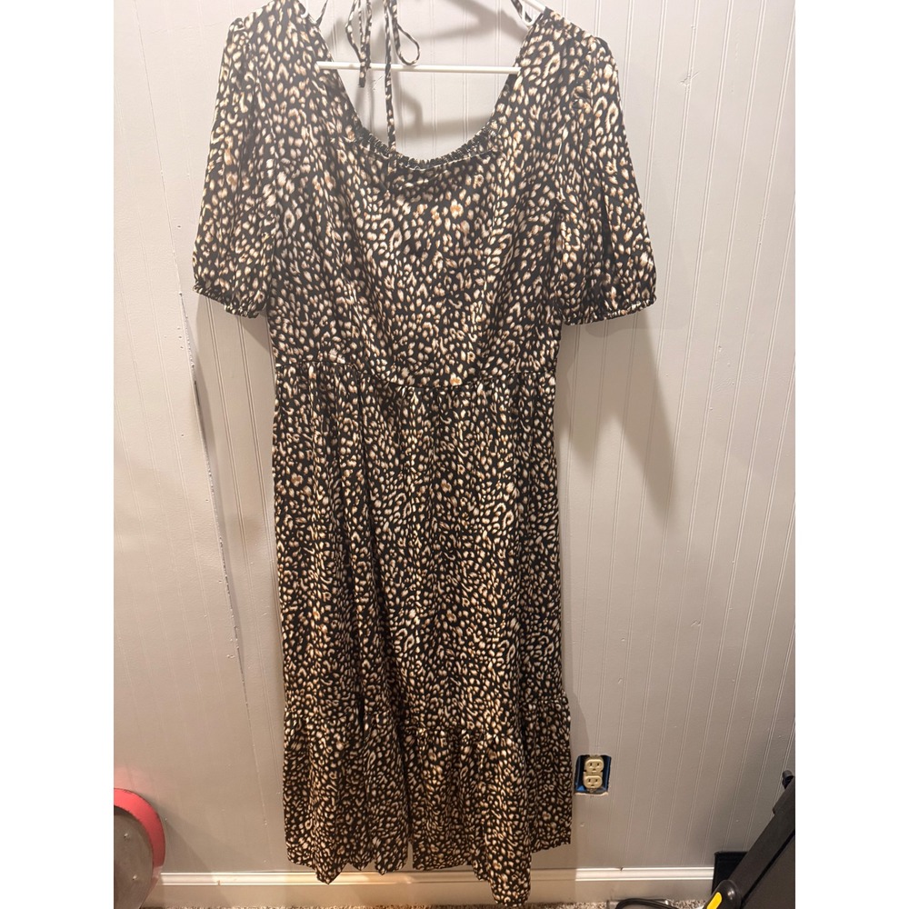 PrettyGarden Leopard Print Midi Dress Short Puff Sleeve Tiered Ruffle Brown L